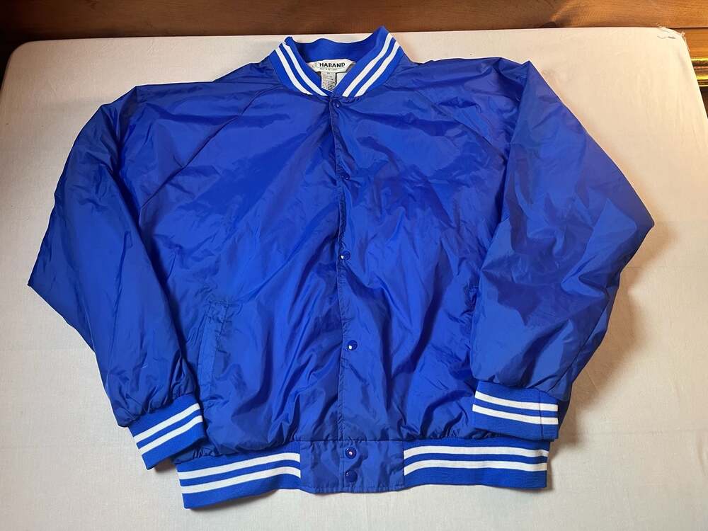 Vintage Haband Blue Nylon Varsity Bomber Windbreaker Jacket 3XL Cotton Lining